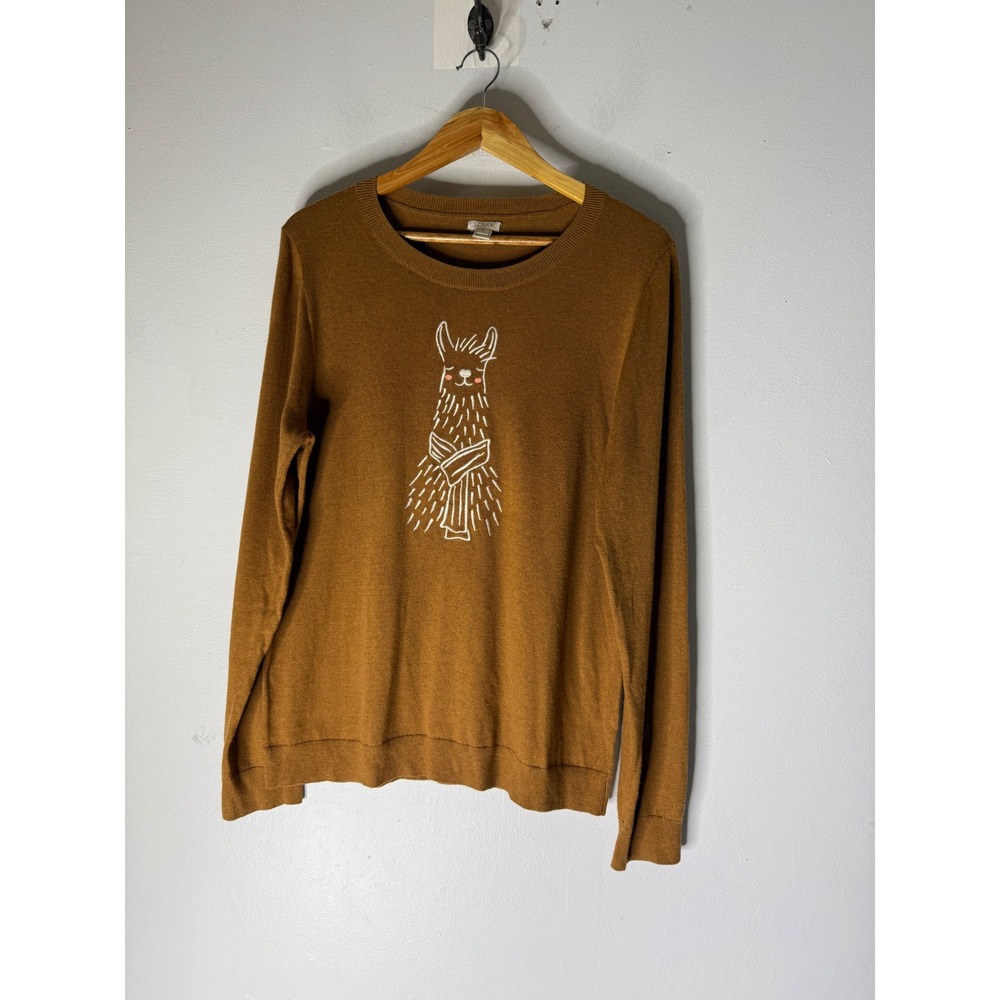 J crew factory XL Llama Embroidered Crewneck Sweater Brown Long Sleeve Knit Top